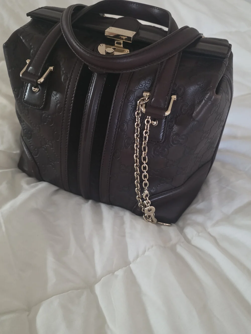 Gucci Dark Brown Embossed Leather Satchel with Gold Chain Detail